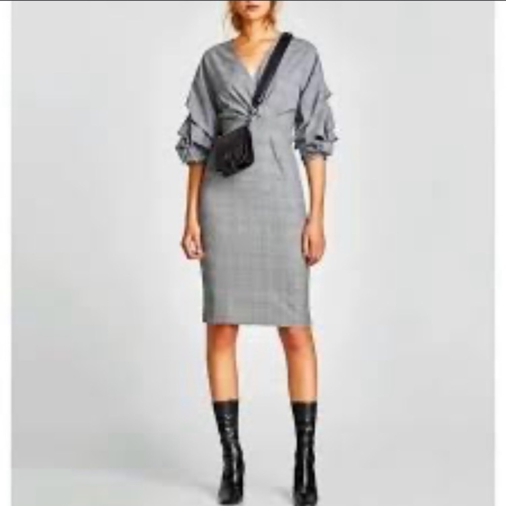 Zara Gray Sheath Dress with V-Neck and Bishop Sleeves